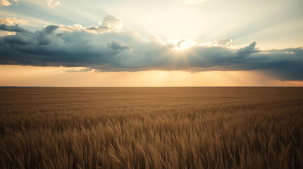 Obraz premium A golden wheat field under a cloudy sky with sunlight streaming through the clouds at sunset