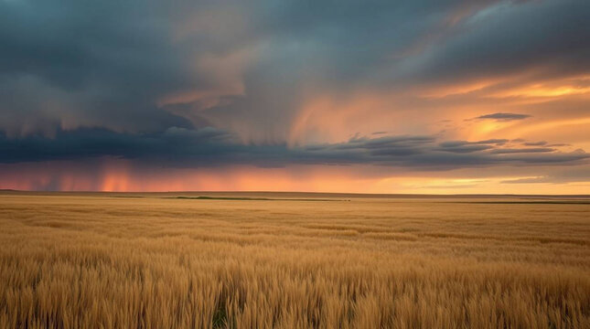 A golden wheat field under a dramatic sky with dark clouds and a colorful sunset at the horizon