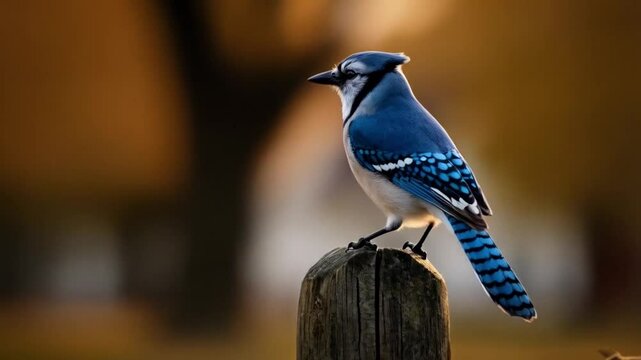 A blue jay perched atop a wooden post with a blurred golden background in the outdoors video