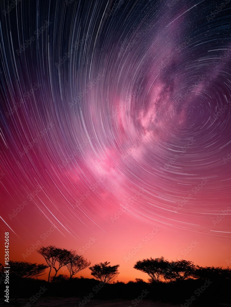 Poster abstract star trail with geometric minimalism and dusty rose palette capturing celestial motion for 