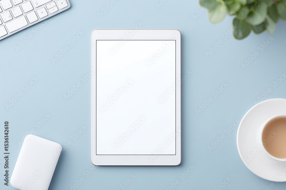 Poster overhead view of digital tablet on sleek desk showcasing interactive presentation app with minimalis