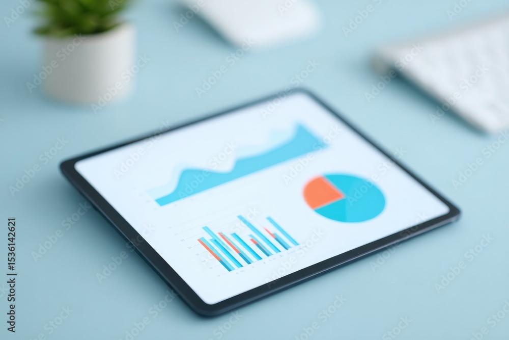 Poster overhead view of digital tablet on sleek desk showcasing interactive presentation app with minimalis