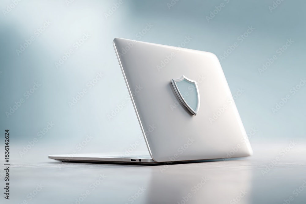 Poster minimalistic laptop with cybersecurity shield icon and zero trust overlay in soft blue hues for adva