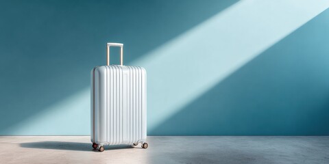 Minimalist hard shell suitcase with spinner wheels and retractable handle, futuristic cool aesthetic for modern travel marketing and mobility branding