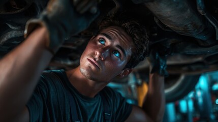 Mechanic at Work: A focused mechanic, deeply engrossed in his task, meticulously examines the undercarriage of a vehicle within a well-lit workshop environment.