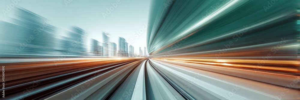 Poster Futuristic cityscape viewed from hyperloop with dynamic motion blur and illuminated skyscrapers, symbolizing next-gen connectivity and fintech innovation
