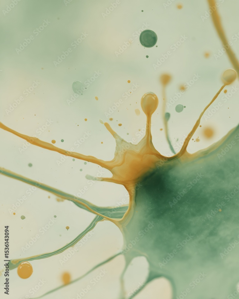 Poster Watercolor blob splash with radiating droplets and flowing tendrils in soft sage and pale gold for artistic energy and creative brand promotion
