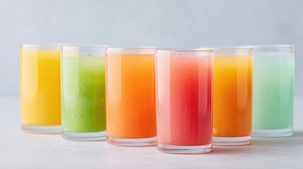 Fototapeta premium assortment of vibrantly colored minimalistic beverages arranged in sequence isolated on stark white background