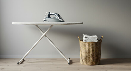 Ironing Board with Stacked Laundry & Wicker Hamper, Minimalist Home Scene