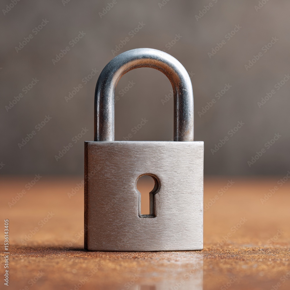 Poster Metallic Padlock on Reflective Surface with Keyhole Highlighted in Rustic Natural Light - Security Concept for Digital Privacy and Authentication Marketing