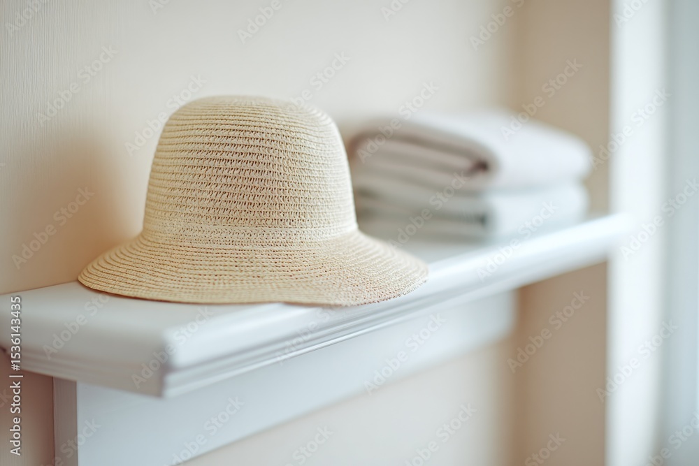 Poster capture close-up of well-organized hallway shelf with single coat and hat emphasizing minimalistic d