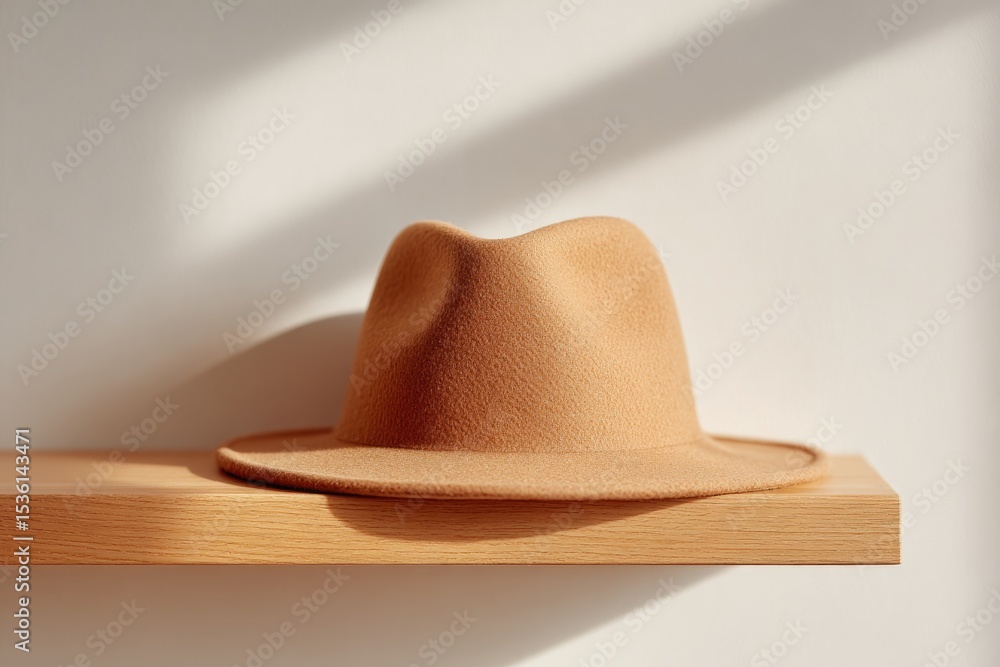 Poster capture close-up of well-organized hallway shelf with single coat and hat emphasizing minimalistic d