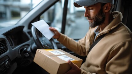 Courier's Delivery: A focused courier, meticulously examining a delivery note and a package inside a vehicle, embodies efficient service and professionalism.