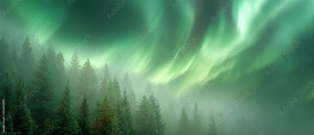 Poster Serene Aurora Borealis Over Evergreen Forest with Ethereal Solar Wind Patterns in Soft Earth Tones for Calming Science and Environmental Wellness