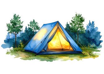 A vibrant watercolor illustration depicts a blue camping tent with a warm, inviting glow emanating from within, nestled in a serene natural landscape.