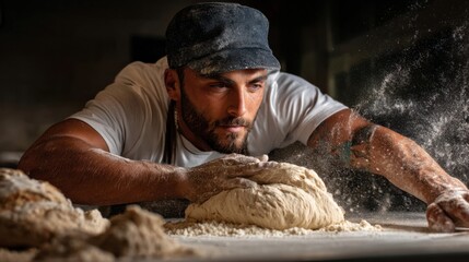 Baker Kneading Dough: A focused baker kneads dough, flour dusting the air, in a dimly lit bakery setting, showcasing the artistry and passion of bread making.