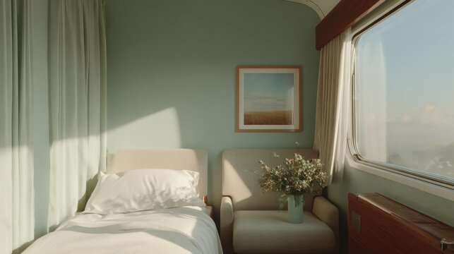 Contemporary train sleeper cabin with refined wood accents and soft natural light, showcasing compact luxury berth and serene minimalistic design for premium travel