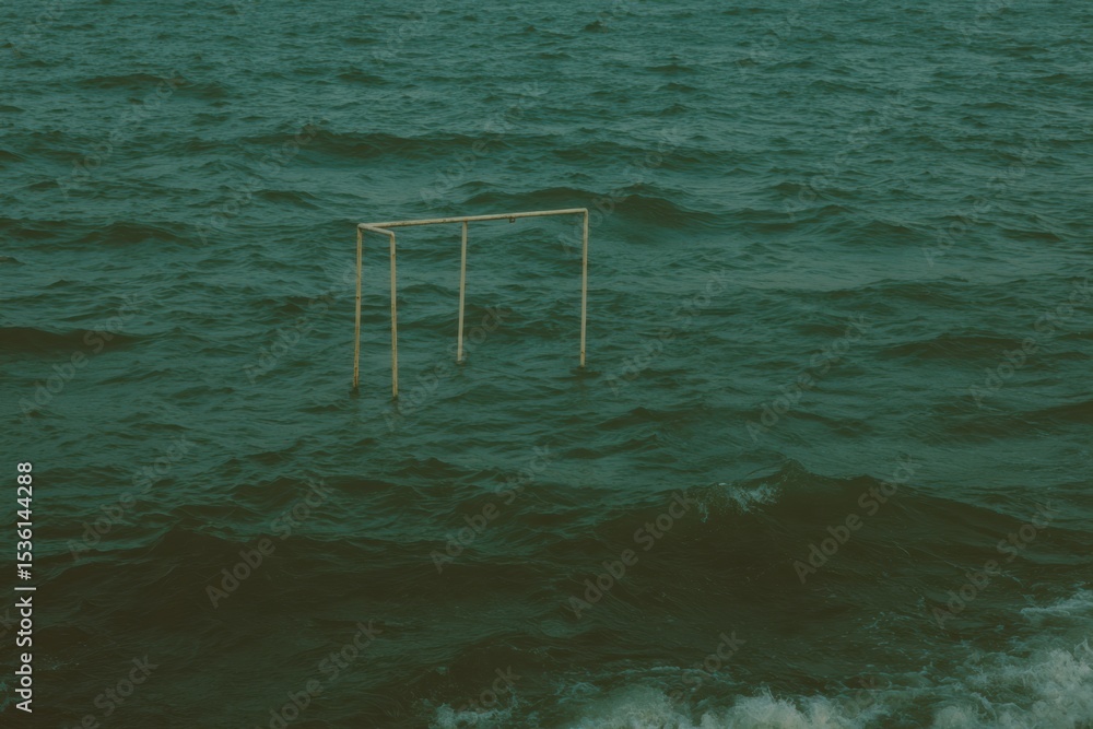 Aufkleber Climate Change Impact Partially Submerged Playground Swing Set in Rising Ocean Waters with Moody Forest Green Tones for Environmental Awareness