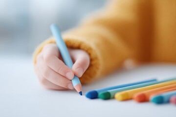 close-up of children hands drawing with crayons on white table providing ample clean copy space