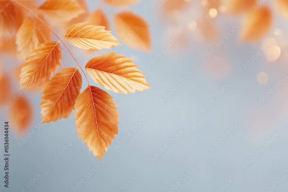 Poster close-up of floating autumn leaves elegantly overlapping with gentle bokeh highlighting warm hues of