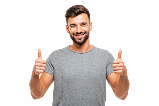 Smiling man in t-shirt showing double thumbs up gesture isolated on transparent background