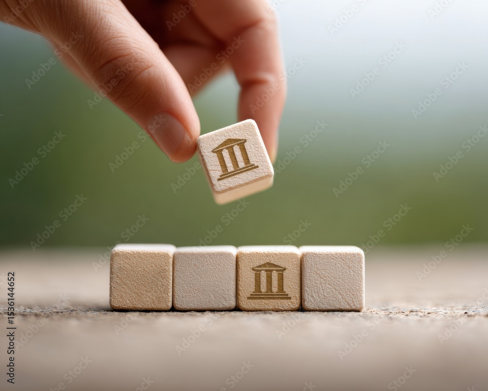 Aufkleber policy reform concept with hand stacking wooden cubes featuring governance icons on stone surface in