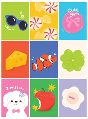 Cute Hand drawn cartoon element with words and quotes vector set. Wallpaper with sunglasses, candy, dog, fish, apple. Design for T-shirt, poster, fabric, packaging, print, screen, sticker.