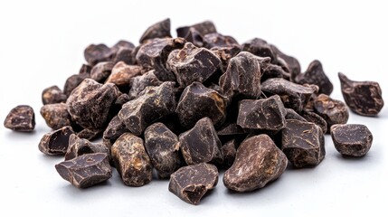Obraz premium Dark Chocolate Chunks On White. Antioxidant-Rich Cocoa Beans and Bitter Chocolate Chunks Background