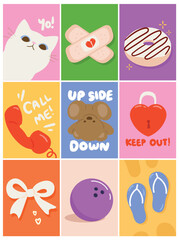 Cute Hand drawn cartoon element with words and quotes vector set. Wallpaper with cat, telephone, donut, ribbon, bowling ball, doll bear. Design for T-shirt, fabric, package, print, screen, sticker.