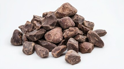 Obraz premium Dark Chocolate Chunks On White. Cocoa Beans with Antioxidant Rich Dark Chocolate Chunks