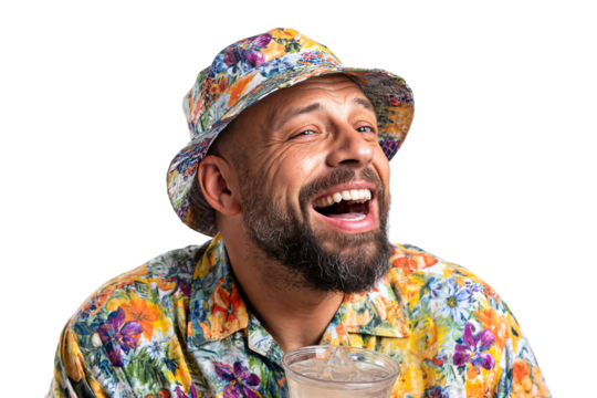 Funny man in floral shirt and bucket hat screaming while holding iced coffee isolated on transparent background