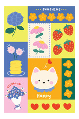 Cute Hand drawn cartoon element with words and quotes vector set. Wallpaper with cat, flower, strawberry, heart, bouquet. Design for T-shirt, fabric, package, print, screen, sticker.