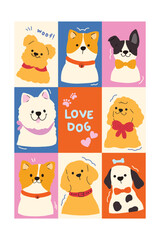 Cute Hand drawn cartoon element with words and quotes vector set. Wallpaper with cute dog different breed. Design for T-shirt, fabric, package, print, screen, sticker.
