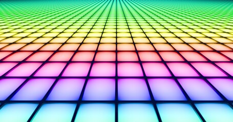 Futuristic glowing rainbow luminous floor background. Shining tiled plane in perspective. 3D rendering.