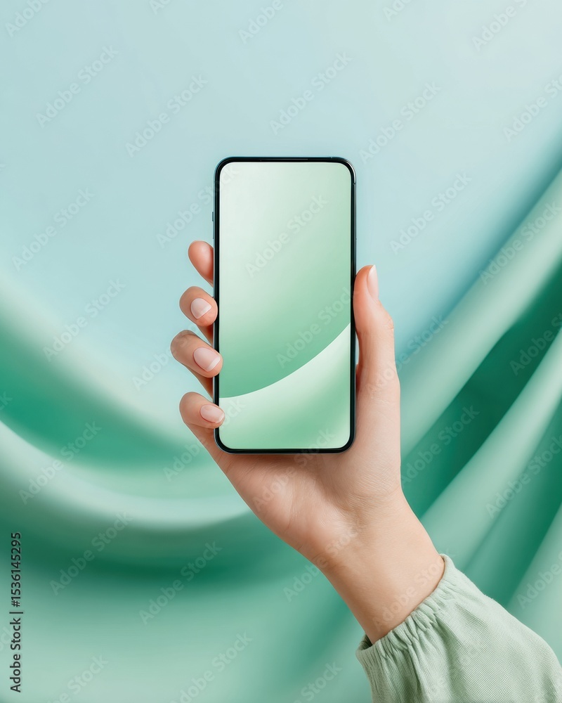 Fototapete Mobile Authentication Smartphone with Thumb Biometrics and Calm Pastel Green Aesthetic for Secure Access and Identity Verification Technology