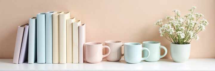 Organized Books and Mugs in Gentle Colors