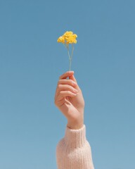 Minimalist happiness concept with hand holding small yellow wildflower against clear blue sky for uplifting wellness and eco-friendly content