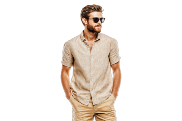 Confident man in linen shirt and sunglasses posing with hands in pockets isolated on transparent background