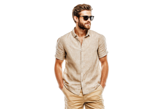 Confident man in linen shirt and sunglasses posing with hands in pockets isolated on transparent background