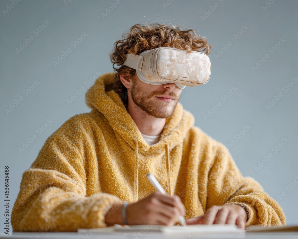 Poster Young man in cozy hoodie using virtual reality headset and stylus for immersive learning in modern tech-driven study environment