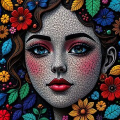 Artistic Portrait of a Woman Surrounded by Colorful Flowers and Leaves