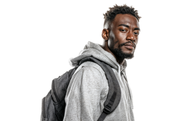 Confident young black man in gray hoodie with backpack isolated on transparent background