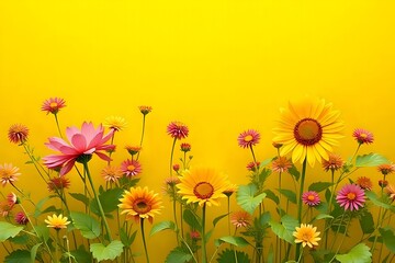 Bright Yellow Background with Colorful Flowers in Full Bloom