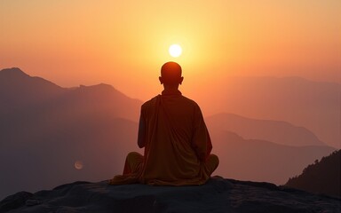 Buddhist monk in meditation at beautiful sunset or sunrise background on high mountain. High quality