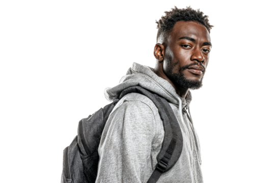 Confident young black man in gray hoodie with backpack isolated on transparent background