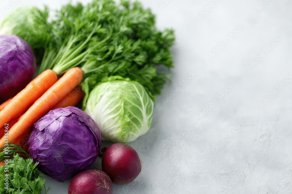Poster different types of fresh vegetables are artfully arranged on clean white surface with ample copy spa