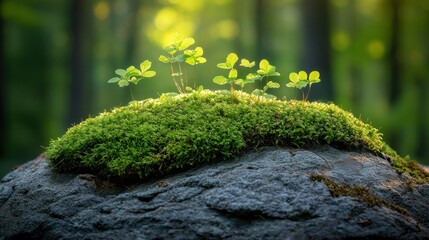 Sunlight illuminates tiny sprouts on moss-covered rock
