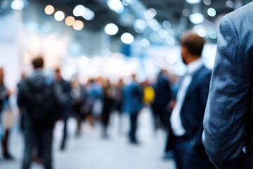 Blurred silhouettes of business professionals networking at a trade show event