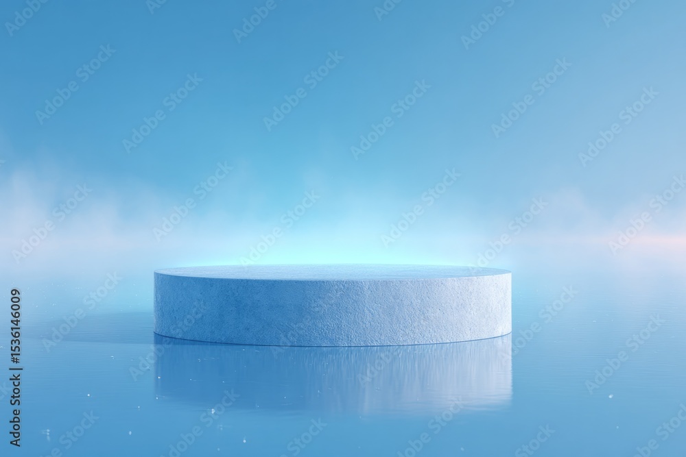 Poster elevated empty podium floating amidst serene cloud-like background minimalist offering ample copy sp