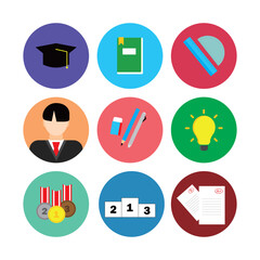 Collection of vibrant educational icons showcasing tools, symbols, and concepts related to academia, learning, and achievement